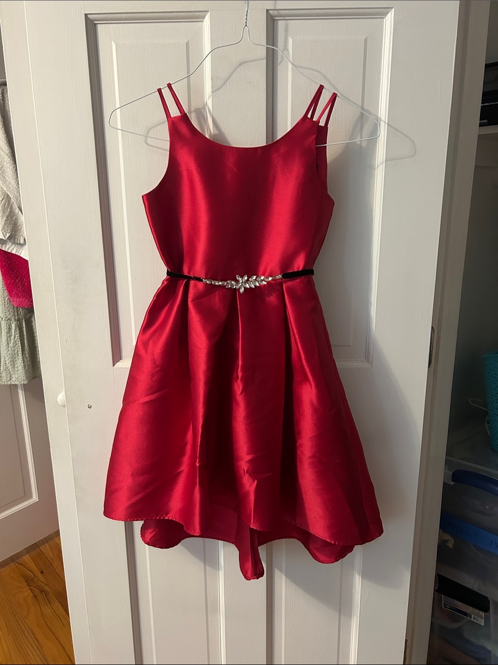Red Satin Girls Formal Dress with Jewel Accent Belt